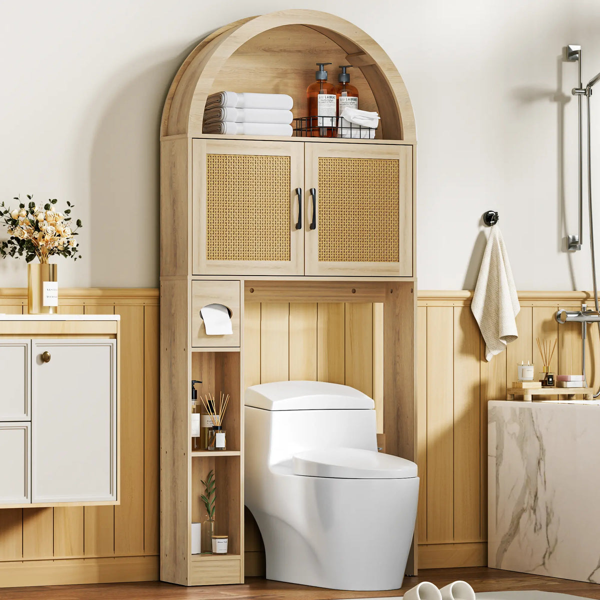 【Super Popular】Dragosum Over The Toilet Storage Cabinet, Arched Cabinet with Doors, Space-Saving Toilet Storage for Bathroom, Laundry, Mini Bar, Free standing Bathroom Organizer with Adjustable Shelf and Anti-Tip Device (Wood),#SohoChic