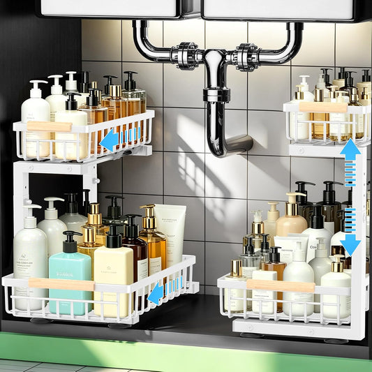 Under Sink Organizer 2 Pack, Double Slide Out Metal Shelf, White