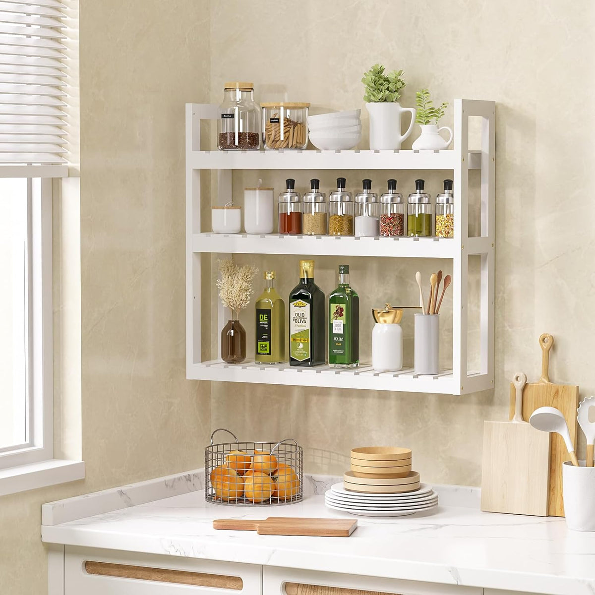 Domax Bathroom Shelves Over Toilet Storage - 3 Tier Wall Mounted Bamboo Bathroom Shelf Organizer Multifunctional Adjustable Layer Free Standing Utility Shelves for Bathroom Living Room Kitchen, White