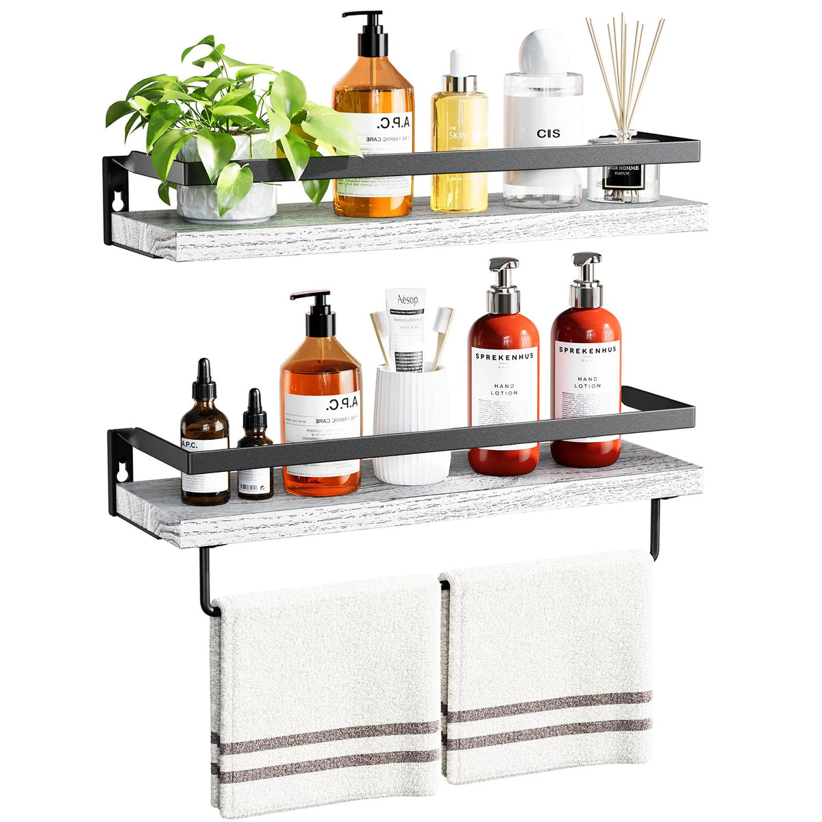 Amada Bathroom Shelves with Towel Bar, Set of 2, Light Brown
