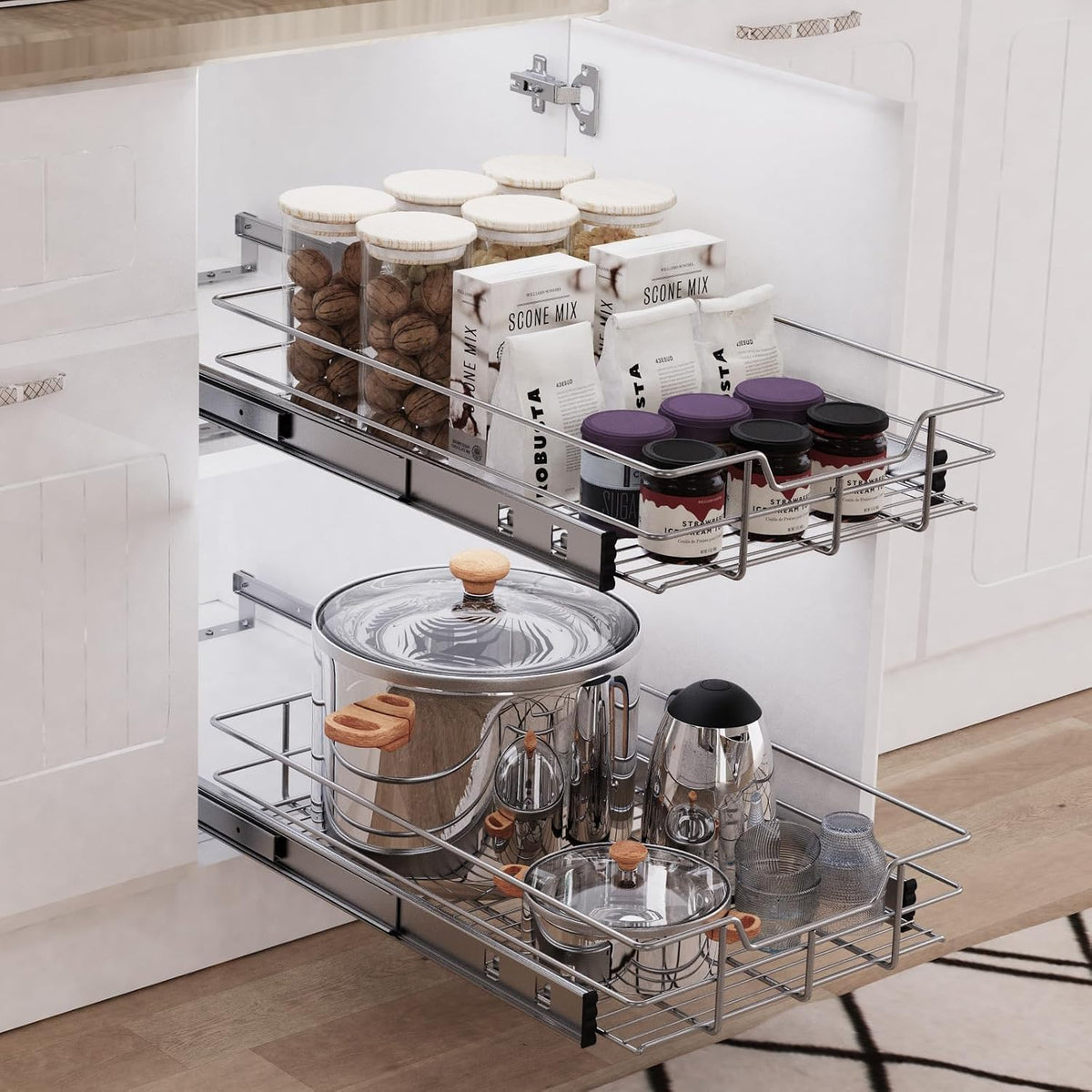 Pull Out Cabinet Organizer 21" W X 22" D, Chromed, Full Slide Out Drawers