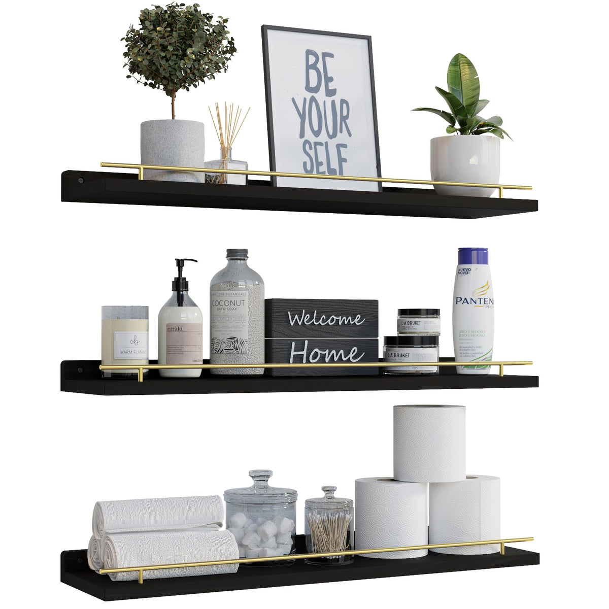 WOPITUES Floating Shelves for Wall Decor Set of 3, Black