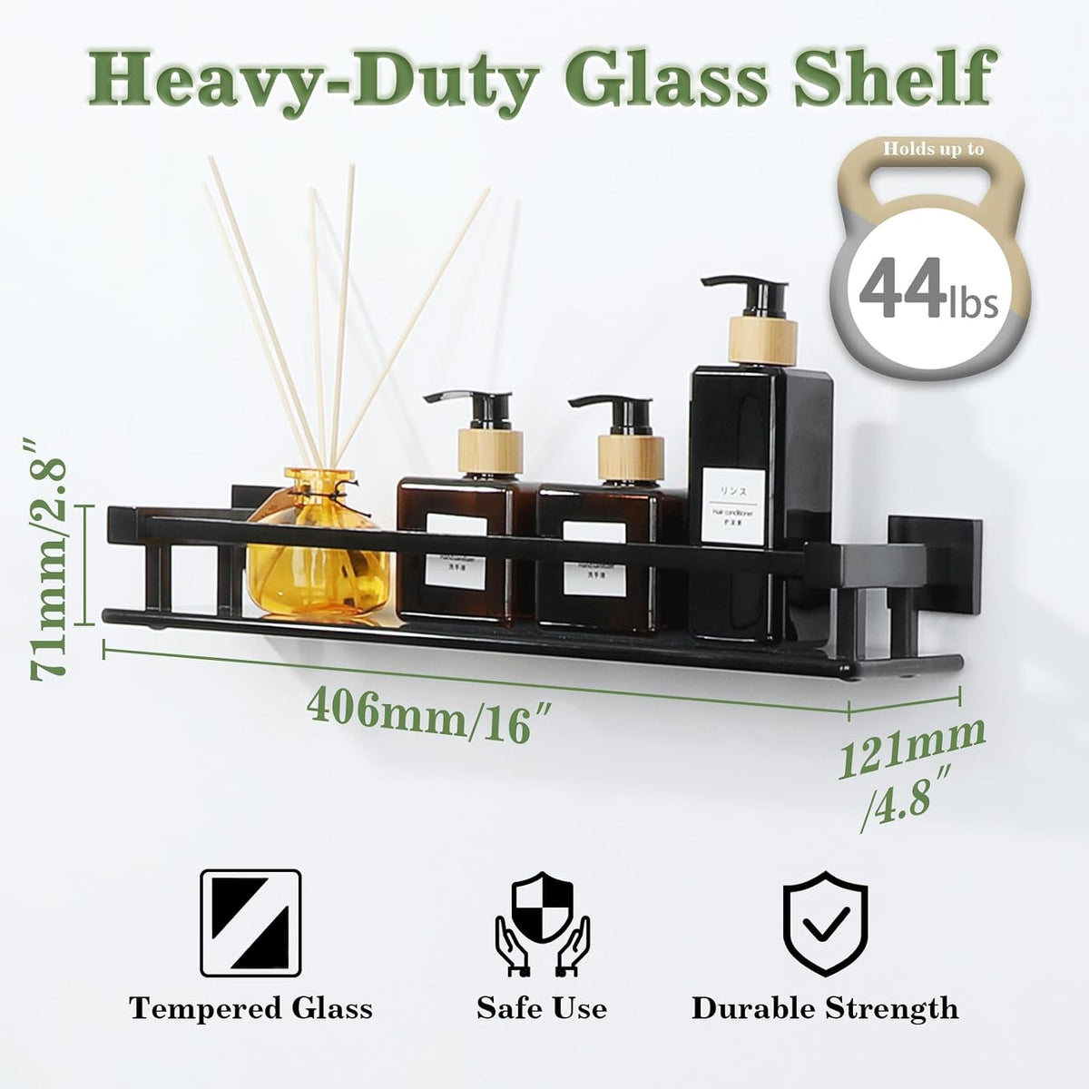 Alise Glass Shelf for Bathroom 16 Inch, Matte Black Floating Glass Shelf
