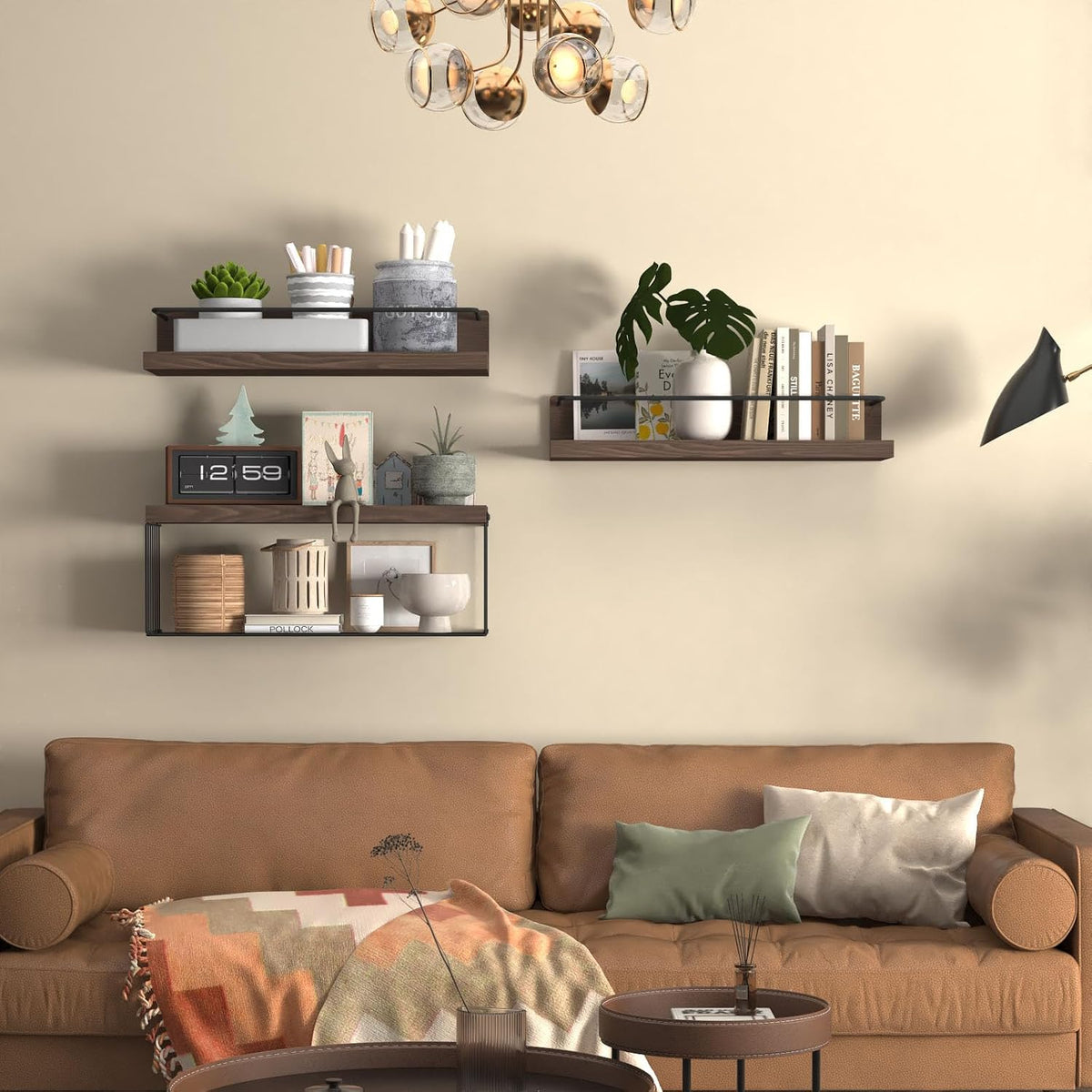PopiShelves Bathroom Shelves Over Toilet for Wall, Floating Shelves with Storage Basket Paper Holer for Kitchen Living Room, Bedroom & Classroom, Set of 3 (Dark Brown)