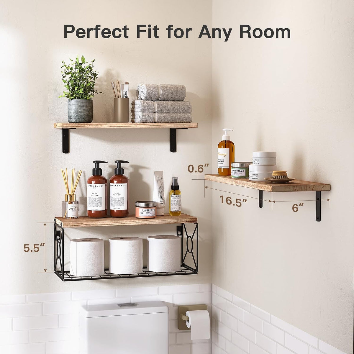 Amada Bathroom Shelves with Storage Basket, Set of 3, Natural Wood