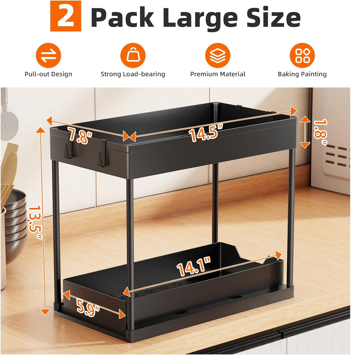 Simple Trending Under Sink Organizer 2 Pack, Sink Pull-Out Sliding Storage Cabinet, 2-Tier Under Shelf Organizer for Kitchen Bathroom, Black