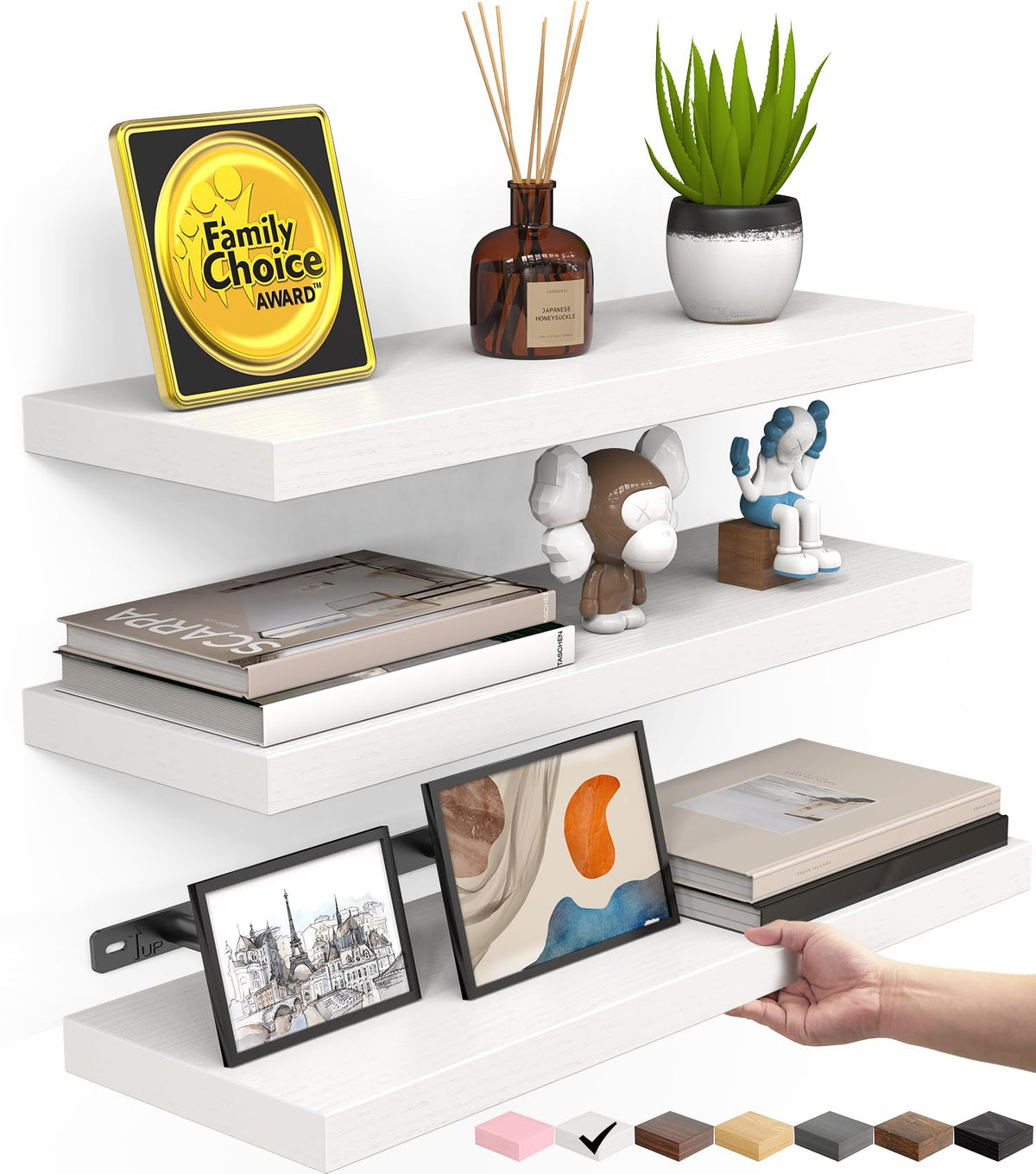 BAYKA Black Floating Shelves 15.7in, Set of 3, Wall Mount Rustic Wood Shelf
