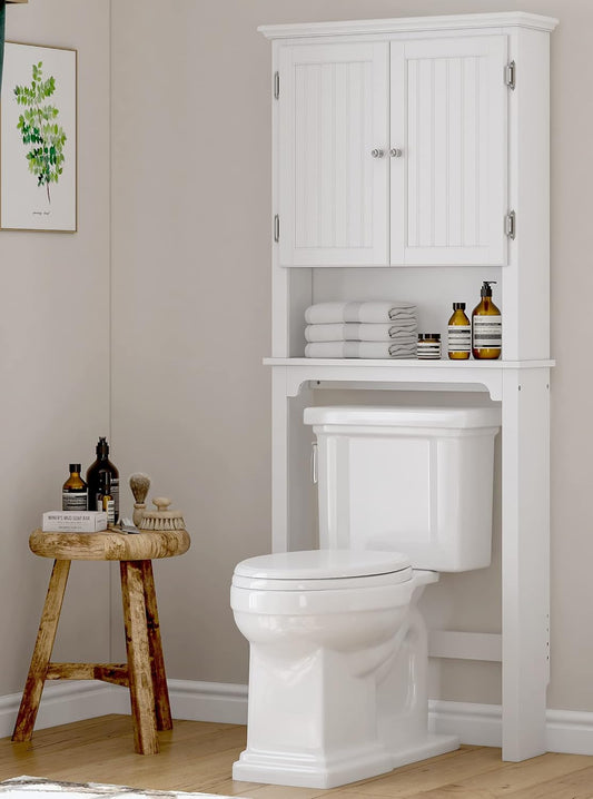 UTEX Over The Toilet Storage Cabinet, White Bathroom Organizer with Doors