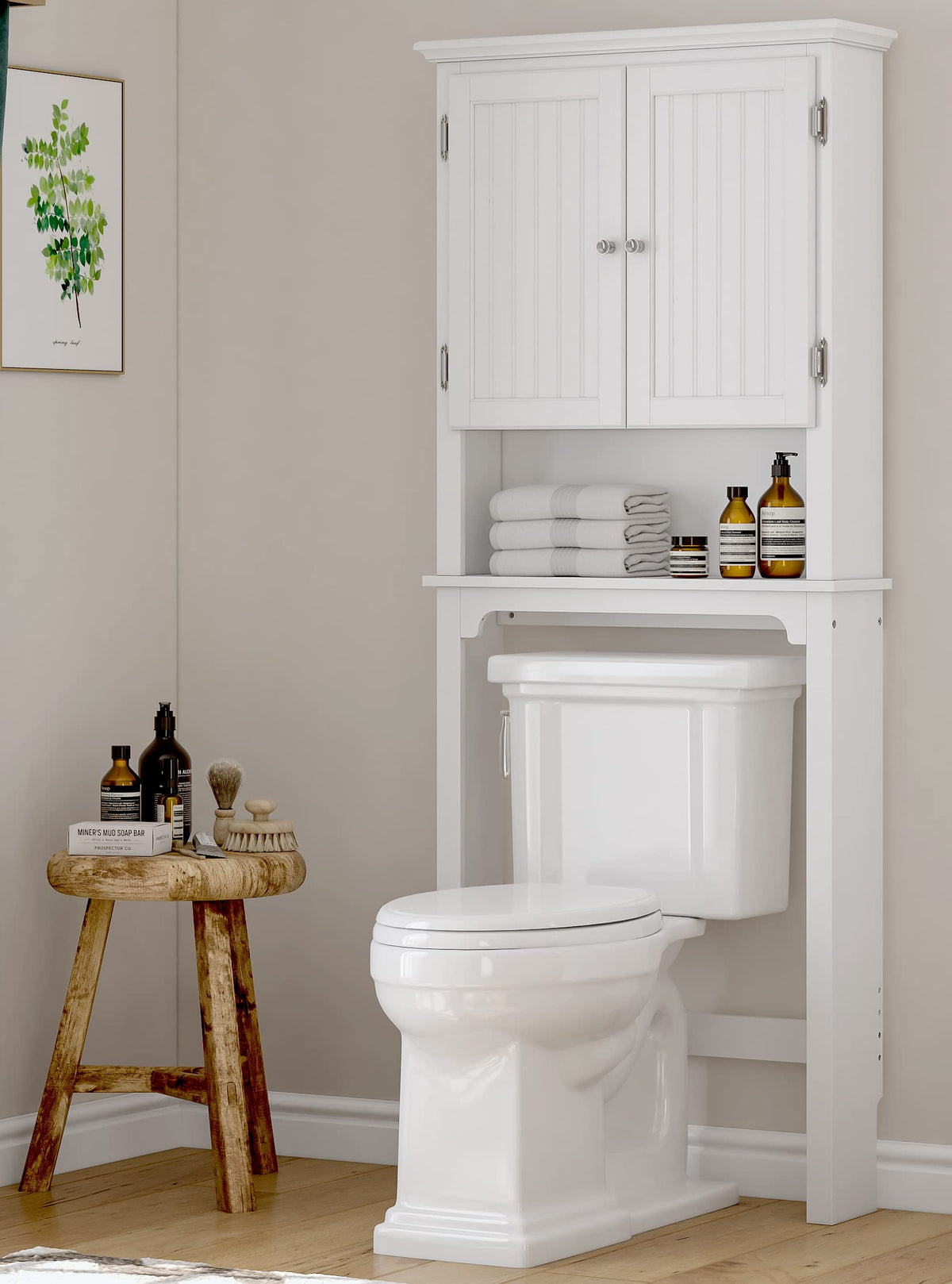 UTEX Over The Toilet Storage Cabinet, White Bathroom Organizer with Doors