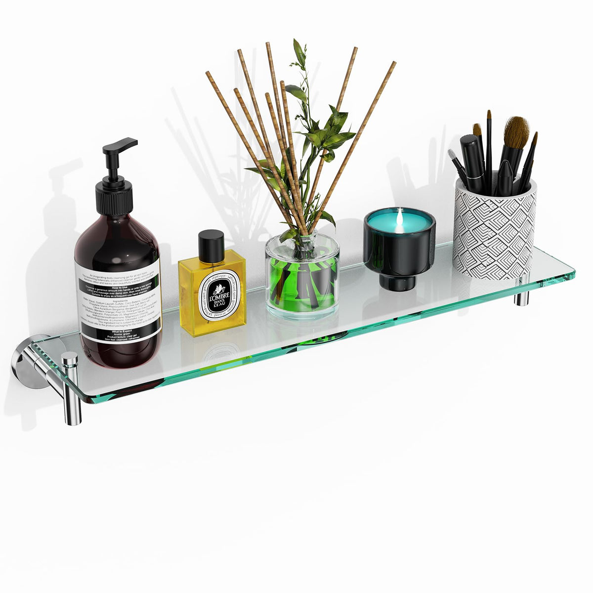 Glass Bathroom Shelves,Brushed Nickel Floating Shelves for Wall Rectangular Modern Stainless Steel Glass Shelf for Bathroom Shelves wall Mounted 16 Inch