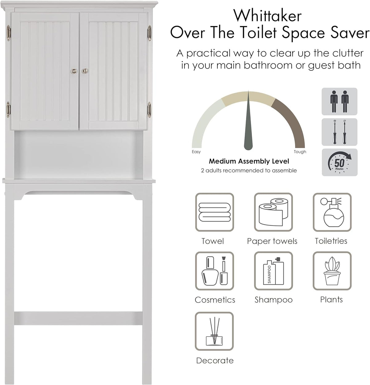 UTEX Over The Toilet Storage Cabinet, White Bathroom Organizer with Doors