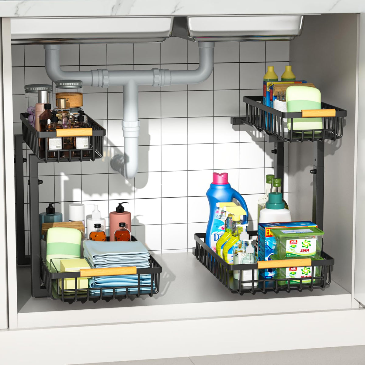 Merrylun Under Sink Organizers,5 Adjustable Height，Metal Pull Out Under Sink Organizers and Storage Shelves with Sliding Drawer, White 1pack（Hight 13.6″-16.9″）