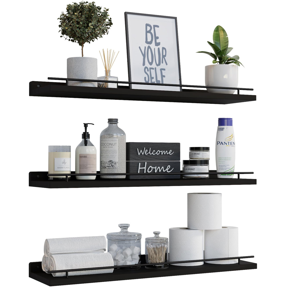 WOPITUES Floating Shelves for Wall Decor Set of 3, Black