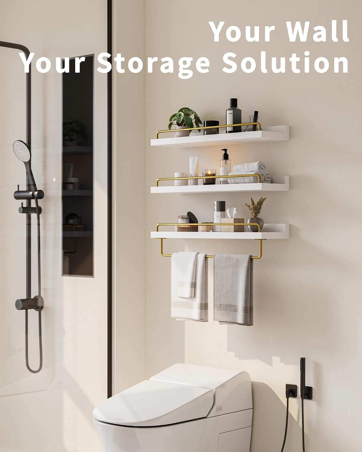 Seocry Bathroom Shelves, Wall Shelf Set of 3, Floating Shelves, Shelves for Room Wall, Bathroom Decor (White Gold, 15.7 Inches)