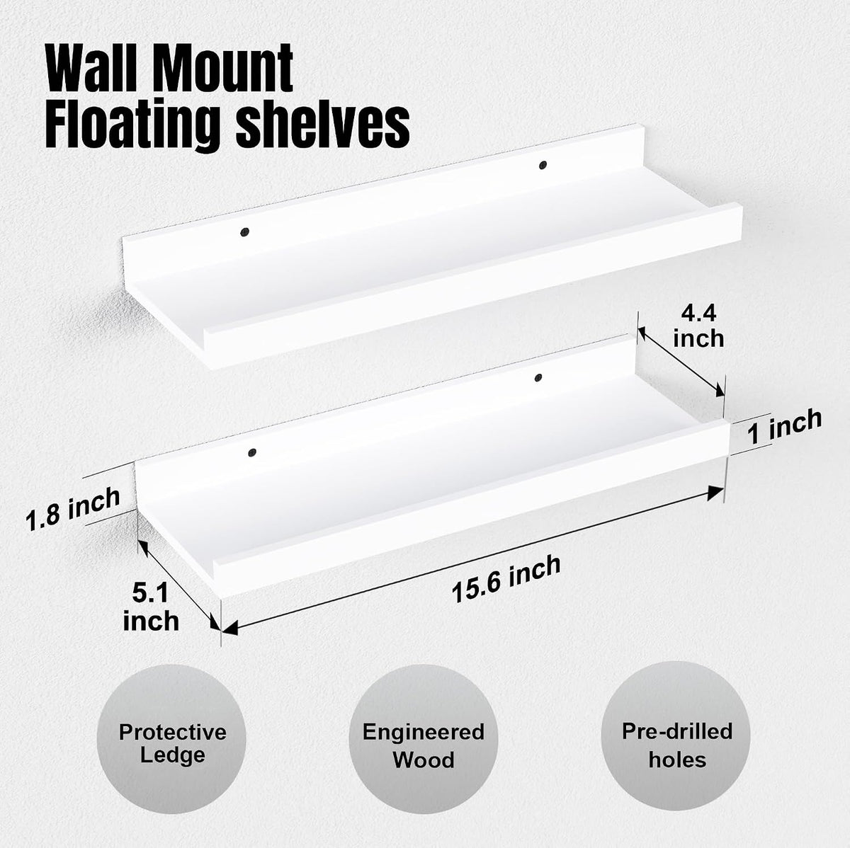 Boswillon Floating Shelves Set of 2, Small Wall Shelf with Lip, 16in, White