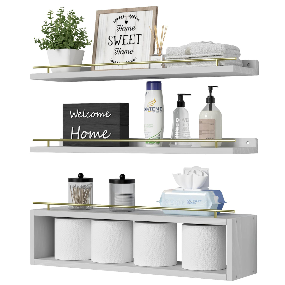 WOPITUES Floating Shelves for Wall with Cube Shelf, Wall Shelves with Metal Rail for Bathroom Decor, Bathroom Organizers and Storage, Over Toilet Shelves for Toilet Paper-Black