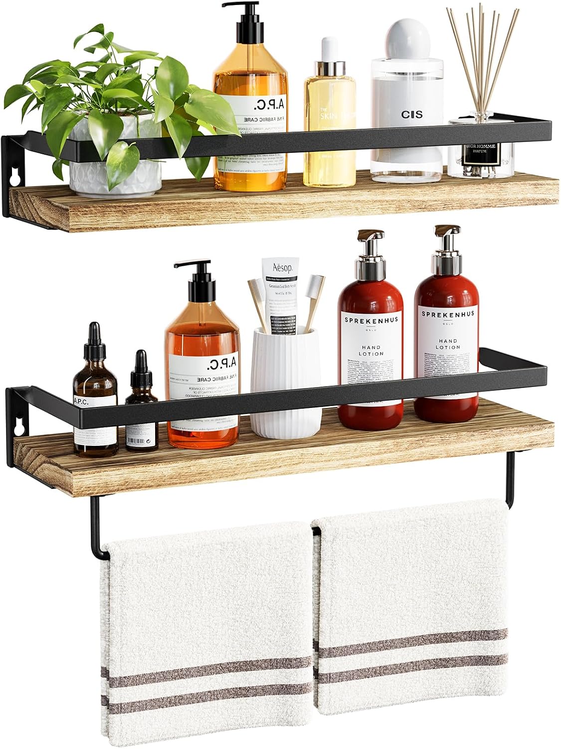 Amada Bathroom Shelves with Towel Bar, Set of 2, Light Brown
