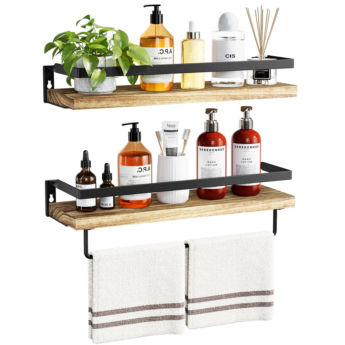 Amada Bathroom Shelves with Towel Bar, Set of 2, Light Brown