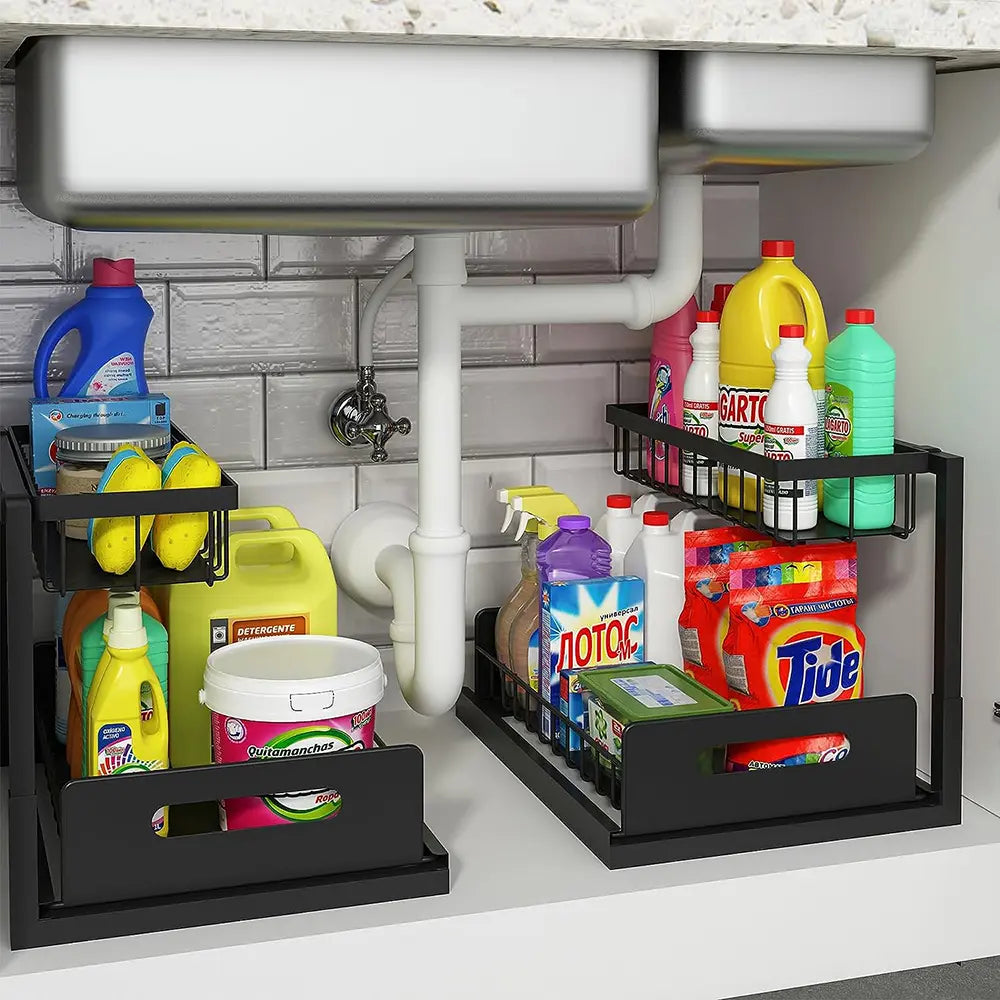2-Tier L-Shape Steel Pull Out Under Sink Organizer - Anti-Rust, Stable, Tool-Free Slide Out Drawer, 14.2*10.6*11 in, 50 lbs Capacity - For Kitchen Cabinets, Spice Storage, Laundry Room, Bathroom Storage - Ideal Gift for Mothers
