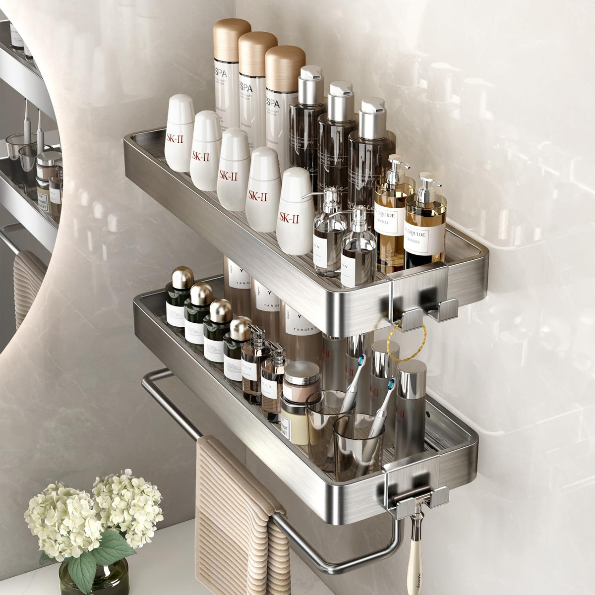 VOLPONE Bathroom Shelves Wall Mounted Glass Shelf for Floating Shelf Tempered Glass Shelves 2 Tier Bathroom Wall Organizer(Black)