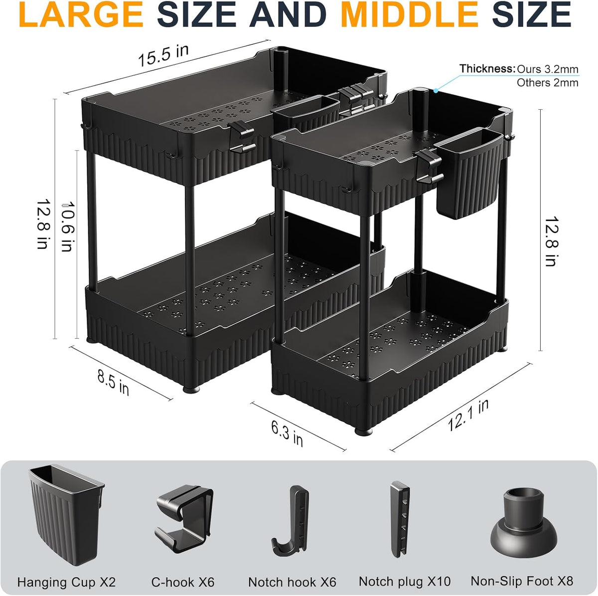 Sevenblue 2-Pack Under Sink Organizer with Hooks & Hanging Cup for Kitchen