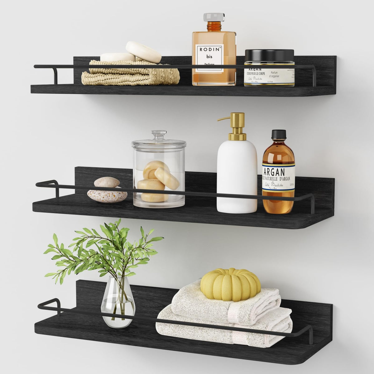 Forbena White Floating Shelves Bathroom Shelves Over Toilet Set of 3, Bathroom Organizers and Storage Shelves Wall Mounted, Modern Wood Corner Wall Shelf for Bedroom Closet -White and Dark Grey