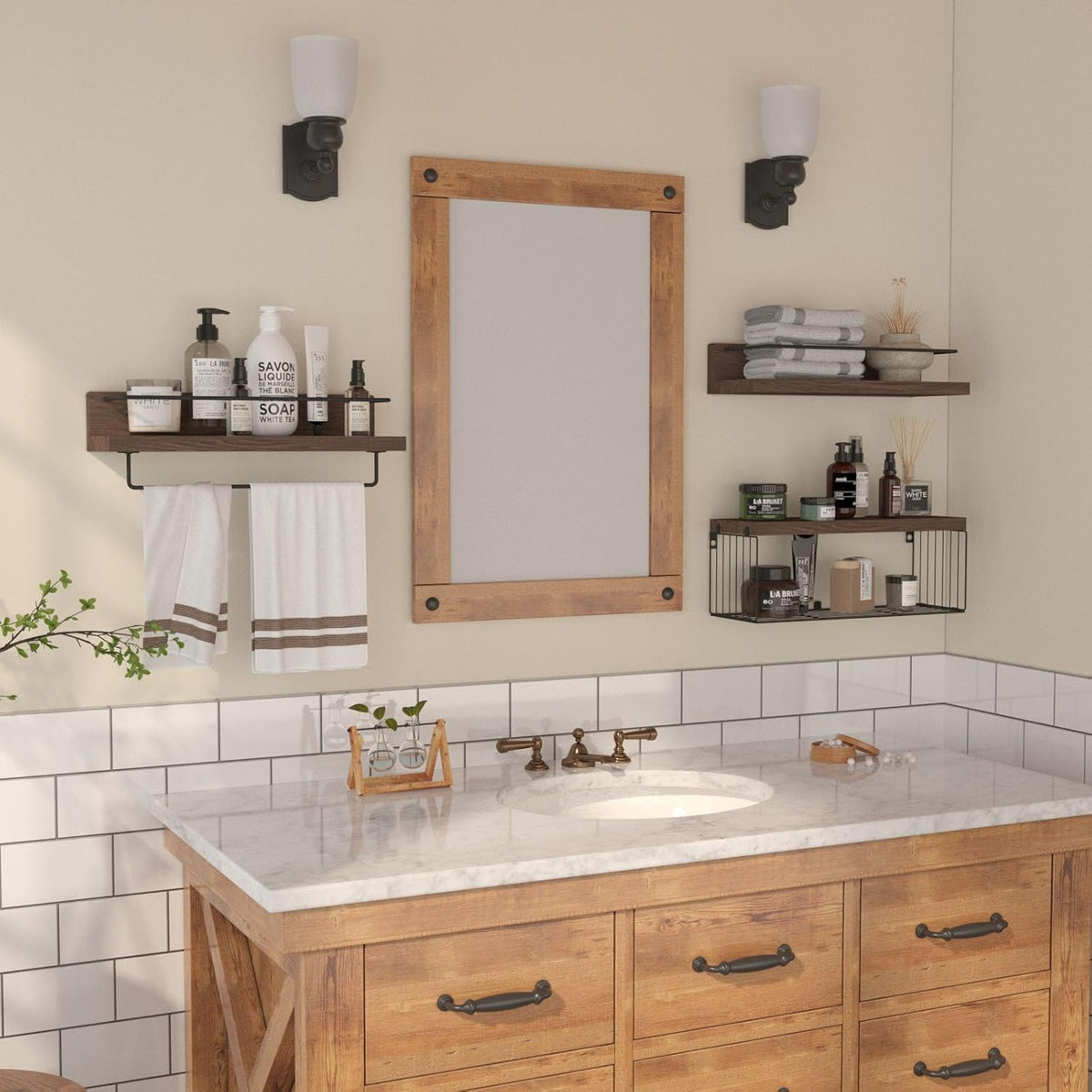 PopiShelves Bathroom Shelves Over Toilet for Wall, Floating Shelves with Storage Basket Paper Holer for Kitchen Living Room, Bedroom & Classroom, Set of 3 (Dark Brown)