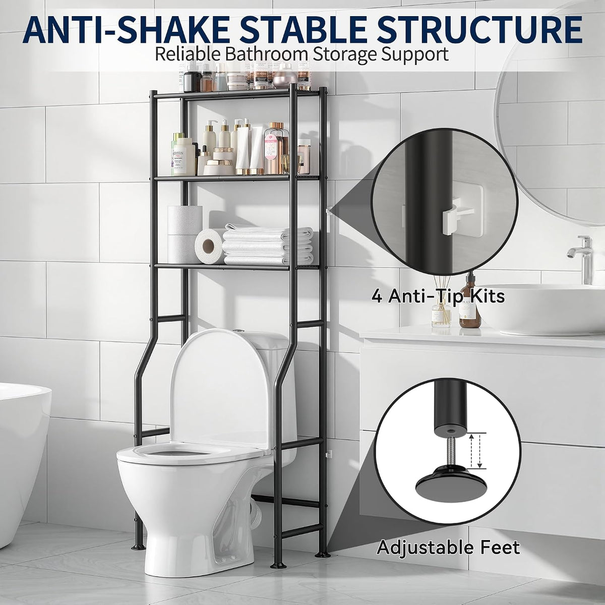 Livilord 3-Tier Over Toilet Storage Rack, Anti-Wobble, Black
