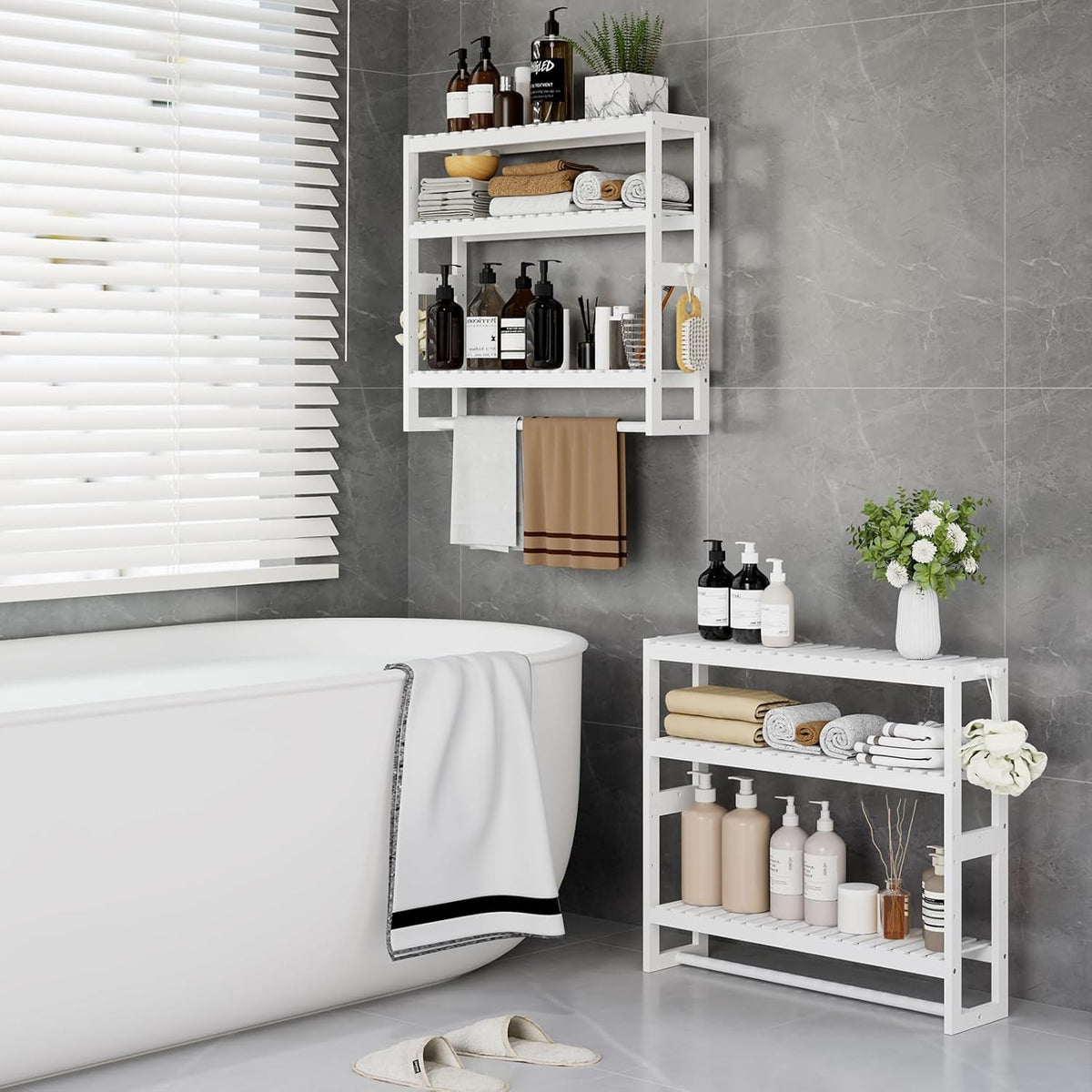 RRX Bathroom Shelf Storage Organizer, Shelf 3-Tier Adjustable Layer, White