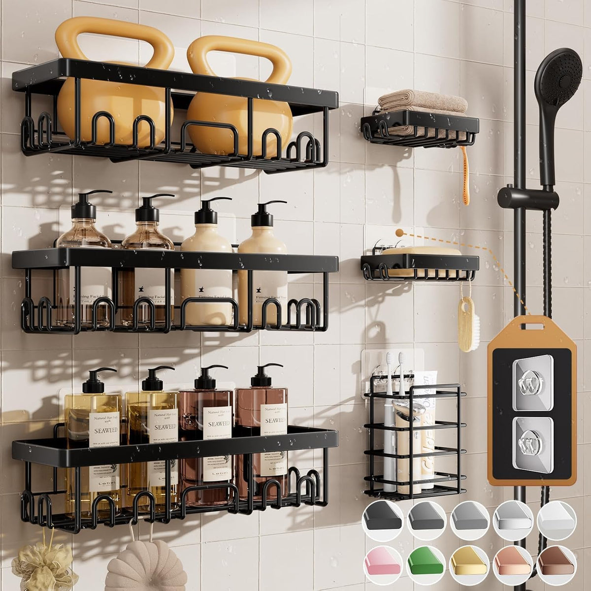 Veken Shower Caddy 6-Pack, Bathroom Organizers and Storage Shelves, Black
