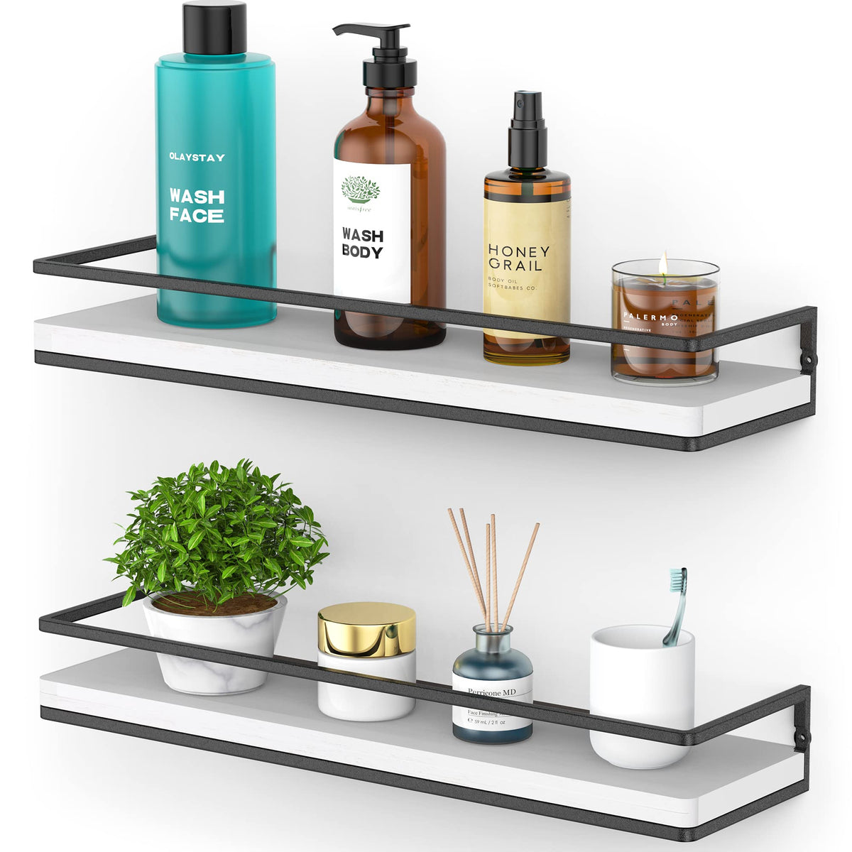 Meangood Floating Shelves Wall Mounted Set of 2, Rustic Wood Wall Storage Shelves for Bedroom,Living Room,Bathroom, Kitchen Torched Wood