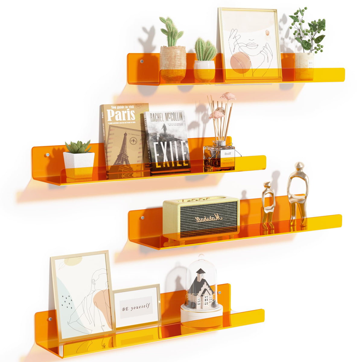 upsimples 4 Pcs 15" Acrylic Shelves for Wall Storage and Organizer, Clear
