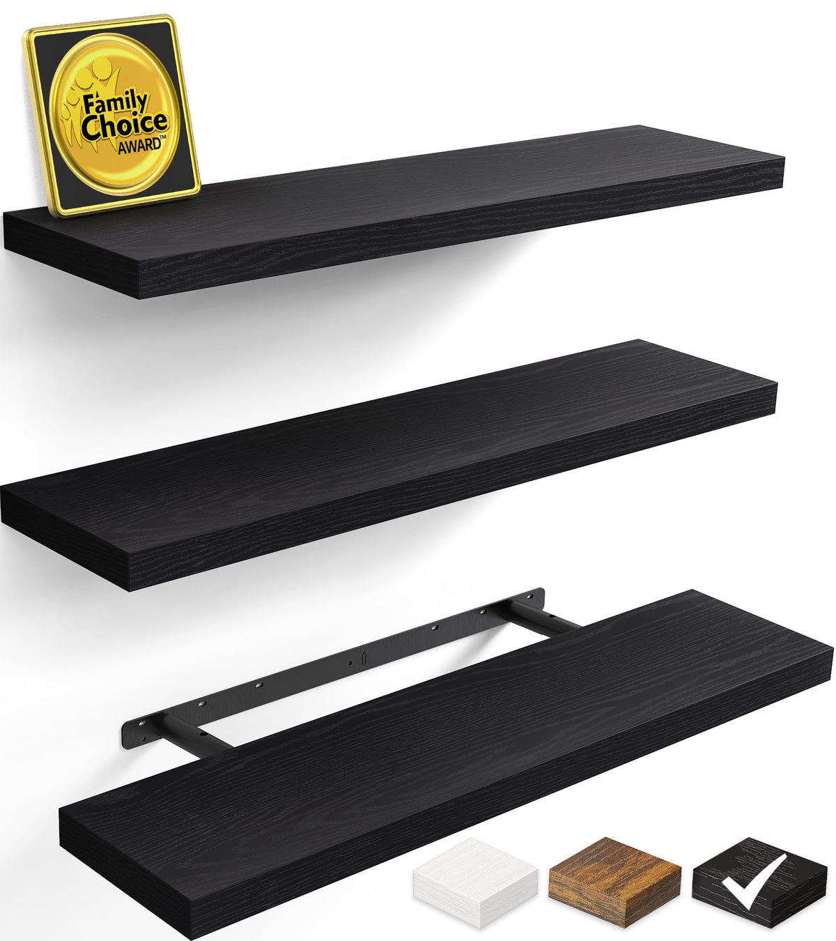 BAYKA Black Floating Shelves 15.7in, Set of 3, Wall Mount Rustic Wood Shelf