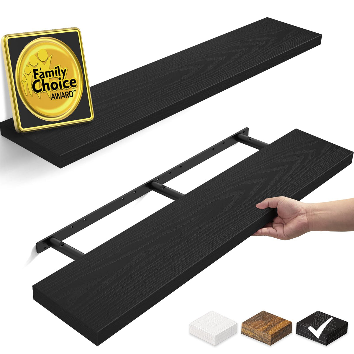 BAYKA Black Floating Shelves 15.7in, Set of 3, Wall Mount Rustic Wood Shelf