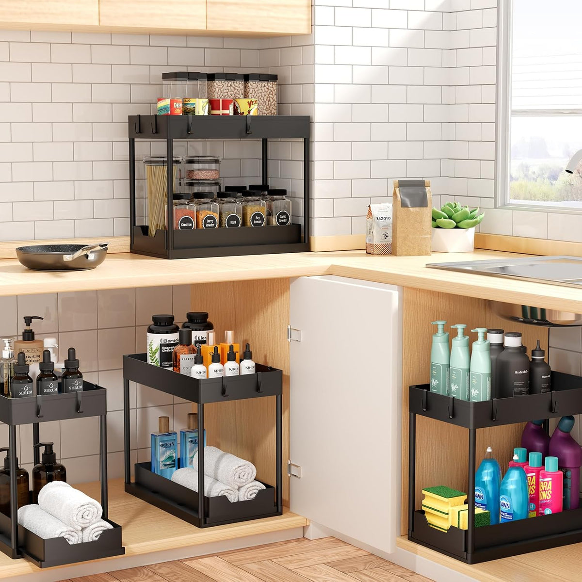 Ekisemio 2 Pack 2-Tier Under Sink Organizers with Sliding Drawer, Black
