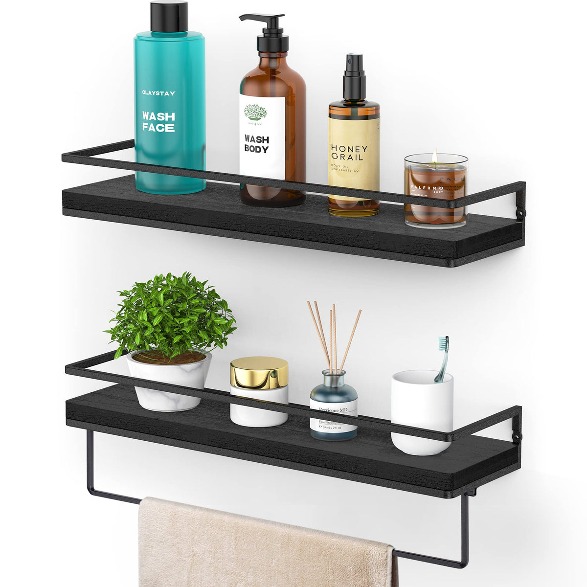 Meangood Floating Shelves Wall Mounted Set of 2, Rustic Wood Wall Storage Shelves for Bedroom,Living Room,Bathroom, Kitchen Torched Wood