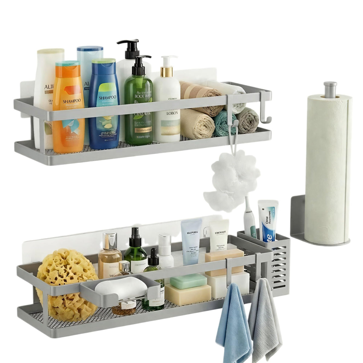 PUSDON Mesh Shower Caddy Wall Mount, Heavy Duty Adhesive Bathroom Shelf Organizer, Rustproof Floating Spice Rack for Kitchen Pantry, Holds 50 LBS, Multi-Purpose Storage Black-2 Packs (Netting)