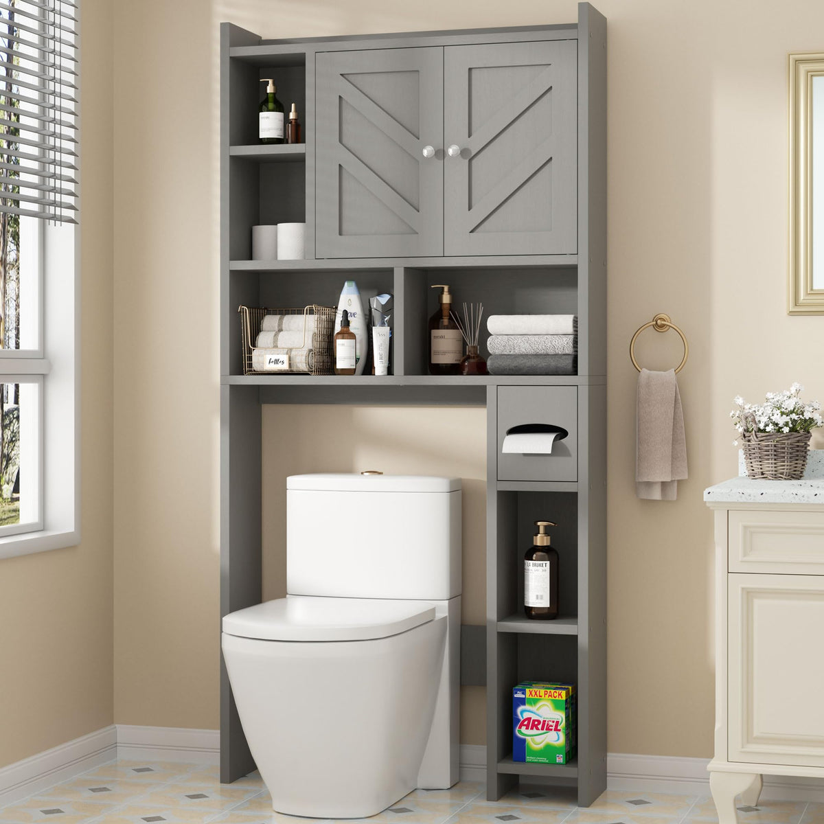 Shintenchi Over the Toilet Storage Cabinet, Bathroom Storage Cabient with Barn Doors, Bathroom Storage Shelf Organizer with Toilet Paper Holder, Adjustable Shelf and Anti-Tip Device, White