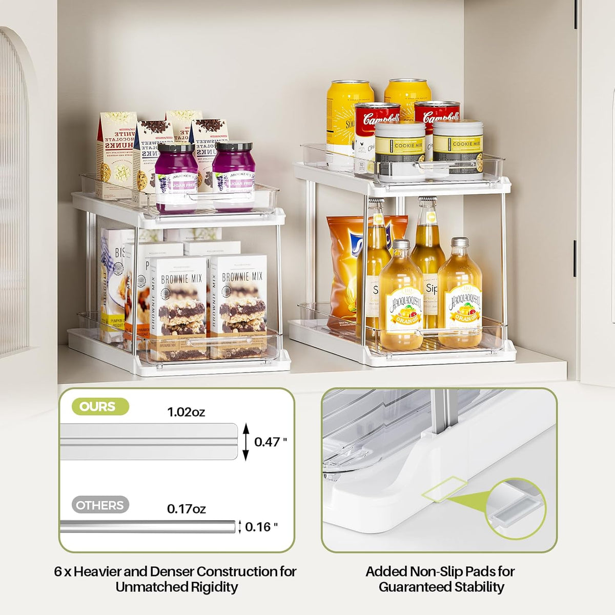 Delamu 2-Tier Bathroom Under Sink Organizers and Storage, Pull Out Cabinet Drawers with Anti-Slip Design, Multi-Purpose Storage for Kitchen, Pantry, Bathroom & Home Organization, White, 4 Pack