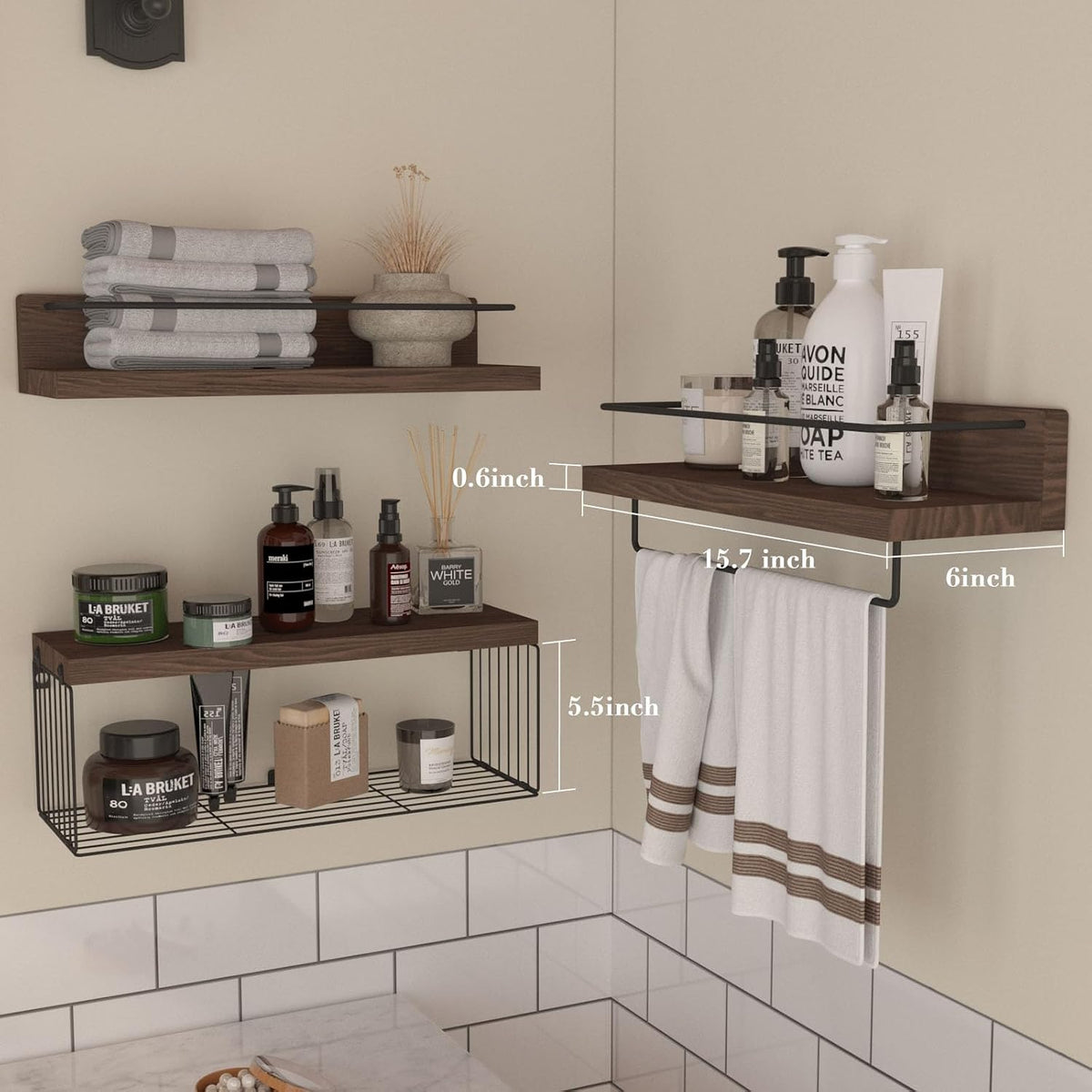 PopiShelves Bathroom Shelves Over Toilet for Wall, Floating Shelves with Storage Basket Paper Holer for Kitchen Living Room, Bedroom & Classroom, Set of 3 (Dark Brown)