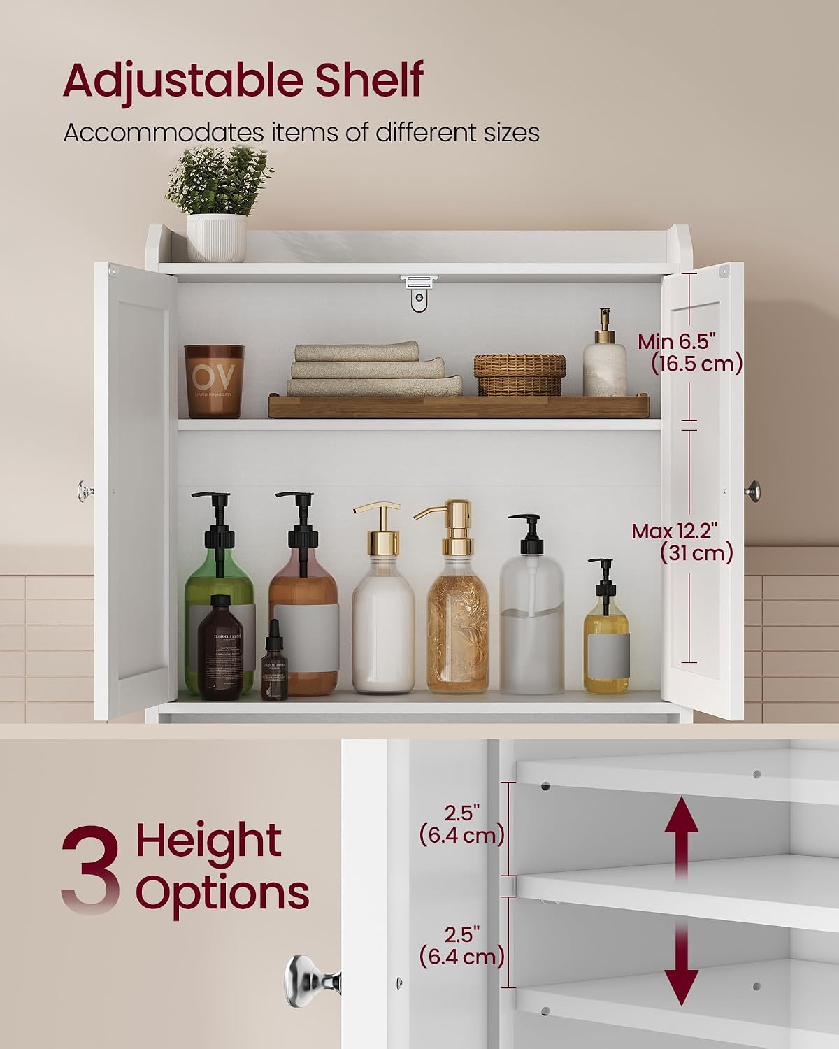 VASAGLE Over the Toilet Storage Cabinet, Doors, Adjustable Shelves, 24.6''W