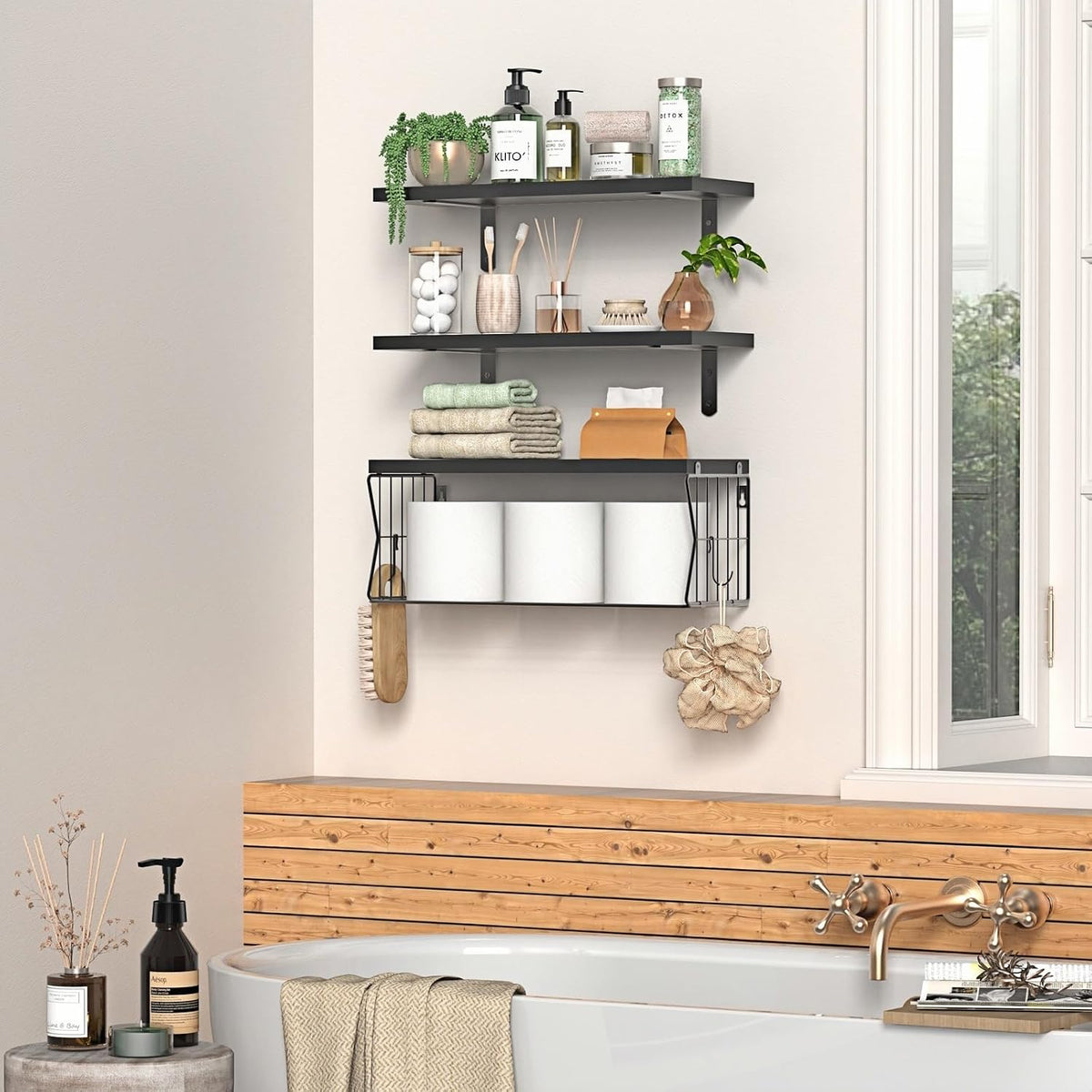 Floating Bathroom Shelves Wall Mounted - Wooden Shelf Set of 3 for Over Toilet Storage & Modern Bathroom Decor - Perfect Wall Shelving Organizer for Apartments RVs Powder Rooms Restroom - Black