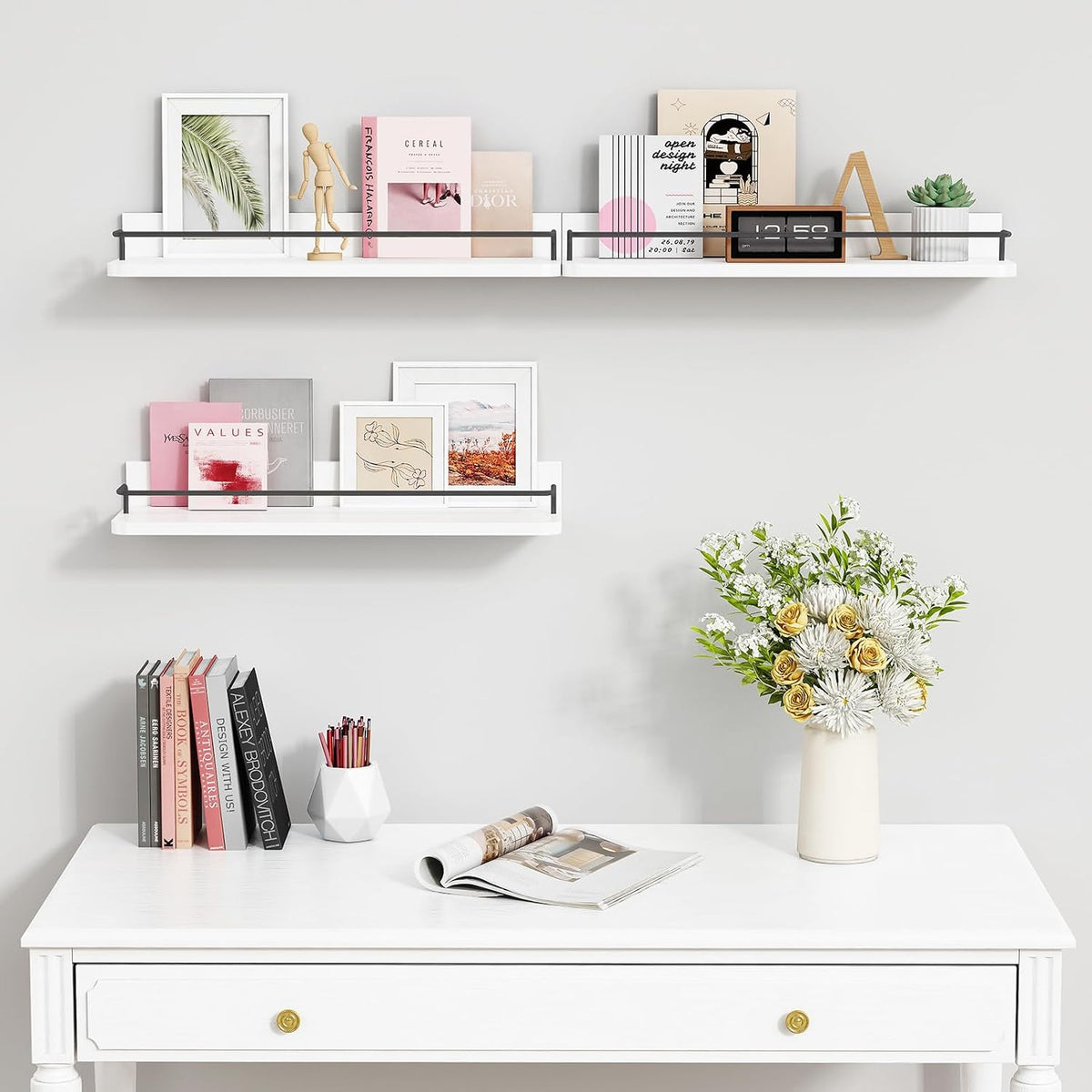 Forbena White Floating Shelves Bathroom Shelves Over Toilet Set of 3, Bathroom Organizers and Storage Shelves Wall Mounted, Modern Wood Corner Wall Shelf for Bedroom Closet -White and Dark Grey