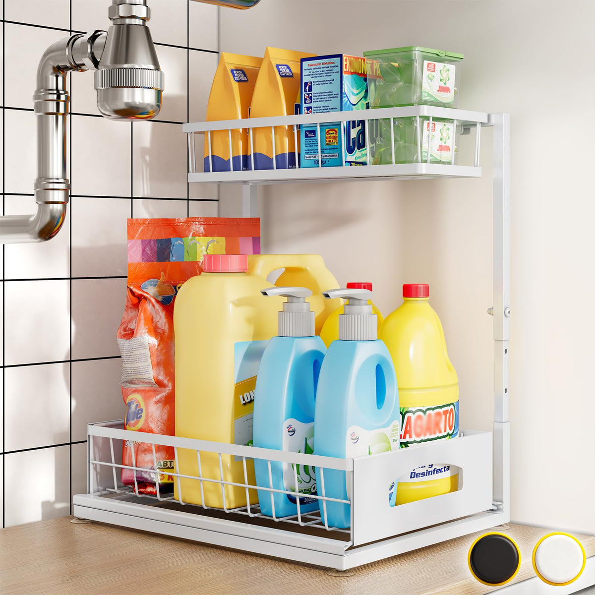 Under Sink Organizer, 2-Pack L-Shaped Metal Pull-Out Drawers for Kitchen