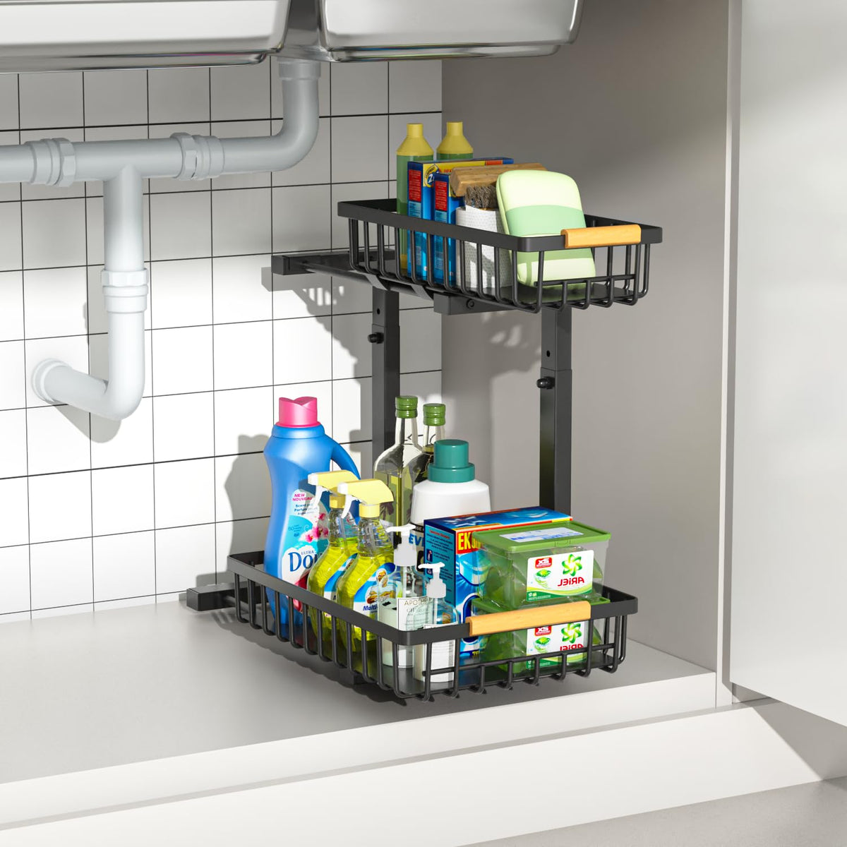 Merrylun Under Sink Organizers,5 Adjustable Height，Metal Pull Out Under Sink Organizers and Storage Shelves with Sliding Drawer, White 1pack（Hight 13.6″-16.9″）