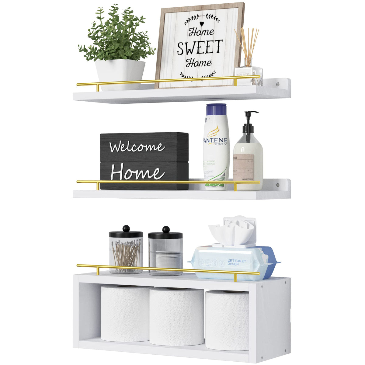 WOPITUES Floating Shelves for Wall with Cube Shelf, Wall Shelves with Metal Rail for Bathroom Decor, Bathroom Organizers and Storage, Over Toilet Shelves for Toilet Paper-Black