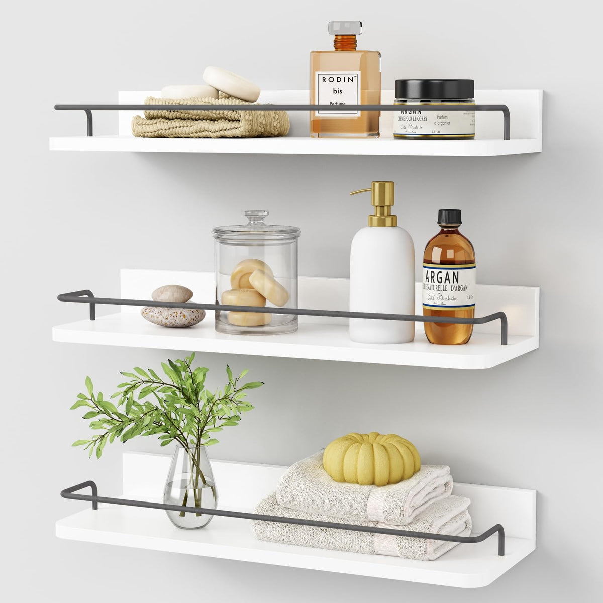 Forbena Gold Floating Shelves for Wall Decor Set of 3, Bathroom Shelves Over Toilet, Modern Display Wall Shelf with Guard Rail for Living Room Bedroom Organizers and Storage - White and Gold