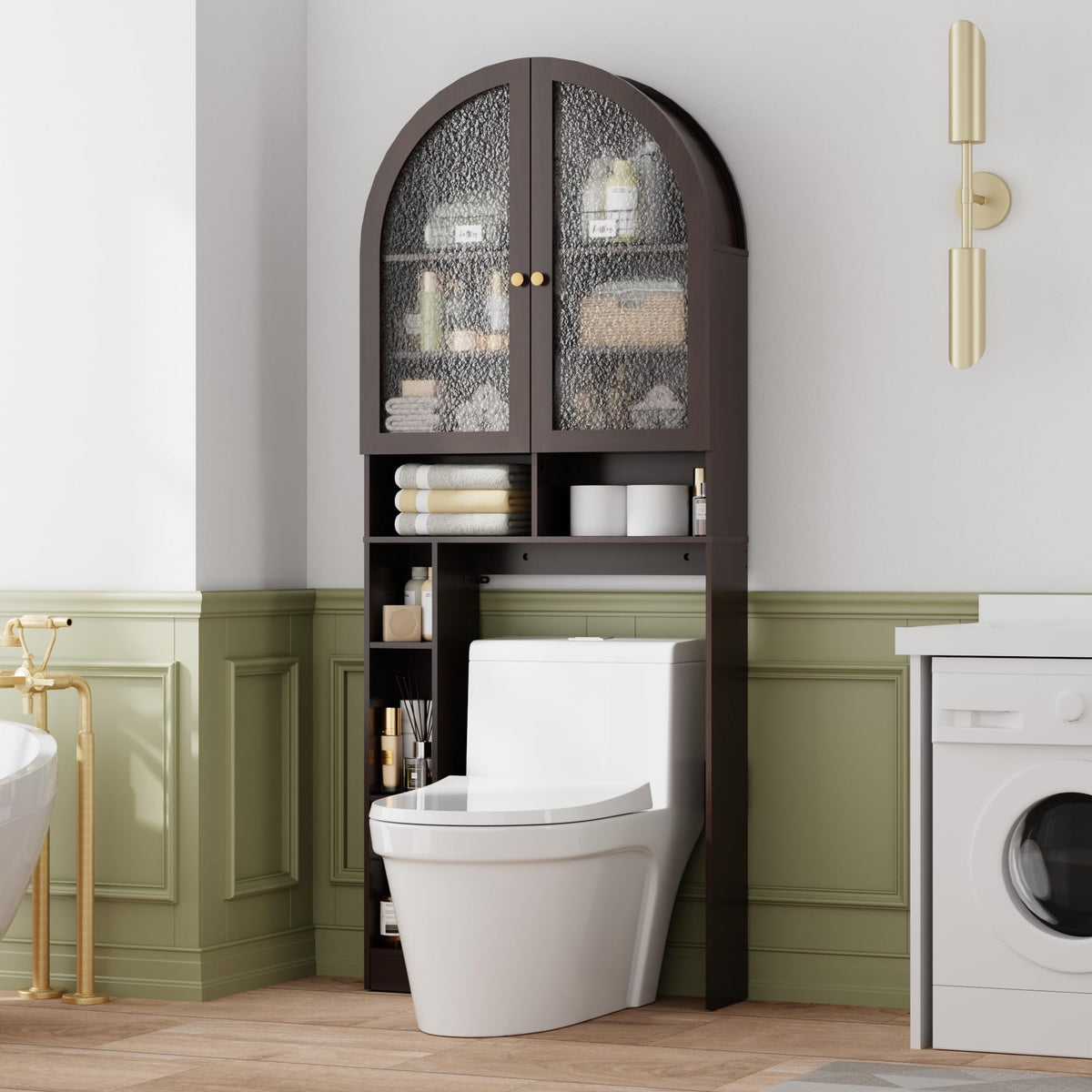 Over The Toilet Storage Cabinet, 29.7”W Modern Storage Cabinet Over Toilet with Acrylic Doors, Arched Freestanding Over Toilet Rack with Adjustable Shelf for Bathroom, White