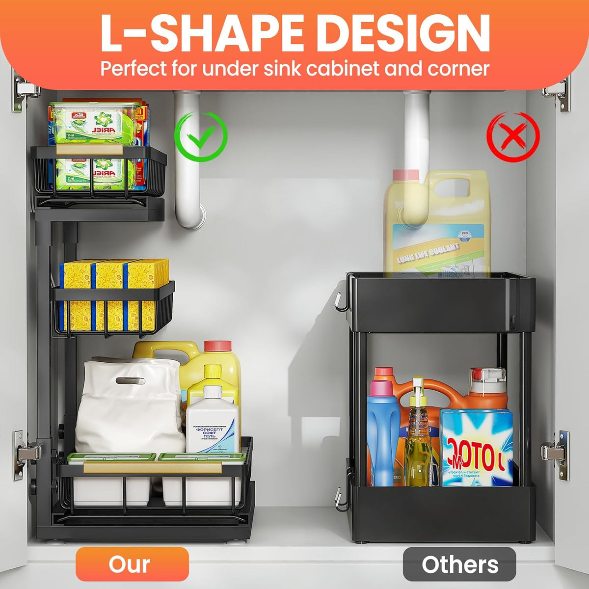 Under Sink Organizer and Storage for Bathroom and Kitchen - 2 Pack 3 Tier