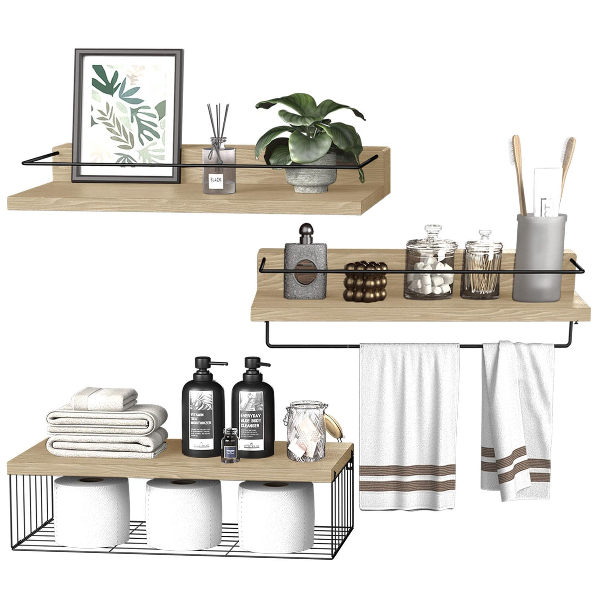 PopiShelves Bathroom Shelves Over Toilet for Wall, Floating Shelves with Storage Basket Paper Holer for Kitchen Living Room, Bedroom & Classroom, Set of 3 (Dark Brown)
